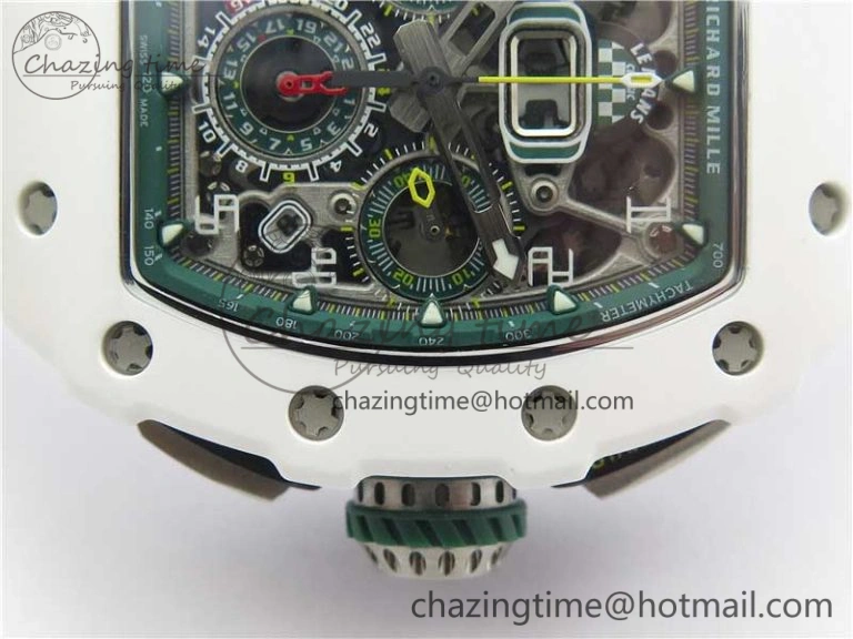 RM011 Real White Ceramic Chronograph KVF 1:1 Best Edition Crystal Skeleton Dial Green on Rubber Strap A ModernLook 9460