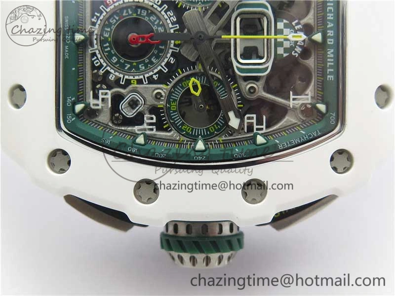 RM011 Real White Ceramic Chronograph KVF 1:1 Best Edition Crystal Skeleton Dial Green on Rubber Strap A ModernLook 9460