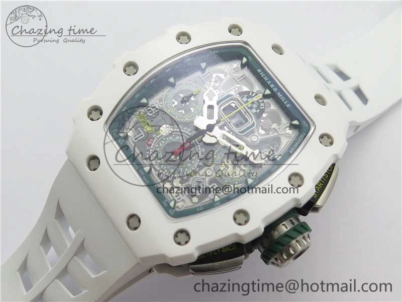 RM011 Real White Ceramic Chronograph KVF 1:1 Best Edition Crystal Skeleton Dial Green on Rubber Strap A ModernLook 9460