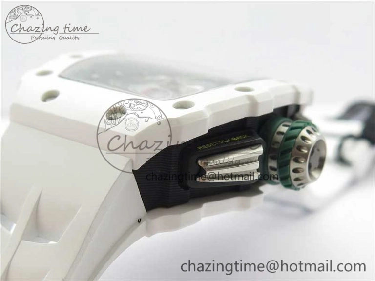 RM011 Real White Ceramic Chronograph KVF 1:1 Best Edition Crystal Skeleton Dial Green on Rubber Strap A ModernLook 9460