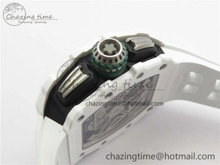 RM011 Real White Ceramic Chronograph KVF 1:1 Best Edition Crystal Skeleton Dial Green on Rubber Strap A ModernLook 9460
