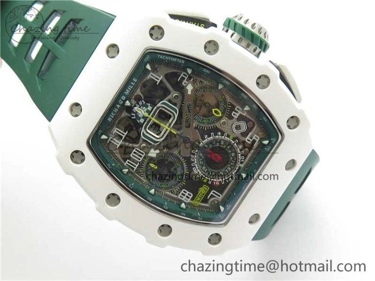 RM011 Real White Ceramic Chronograph KVF 1:1 Best Edition Crystal Skeleton Dial Green on Rubber Strap A ModernLook 9460