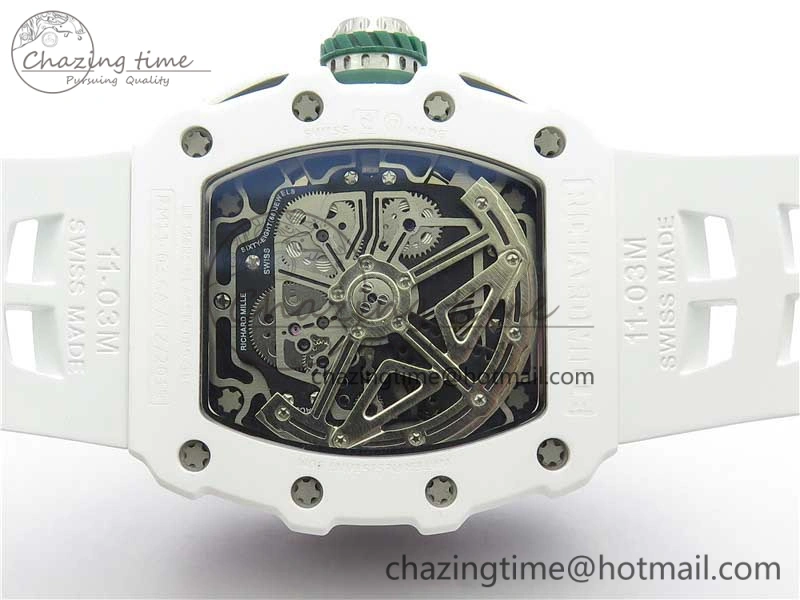 RM011 Real White Ceramic Chronograph KVF 1:1 Best Edition Crystal Skeleton Dial Green on Rubber Strap A ModernLook 9460