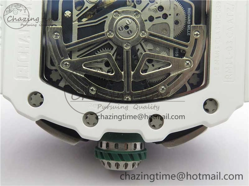 RM011 Real White Ceramic Chronograph KVF 1:1 Best Edition Crystal Skeleton Dial Green on Rubber Strap A ModernLook 9460