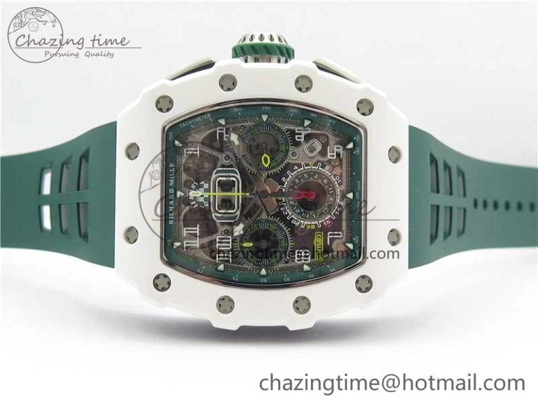 RM011 Real White Ceramic Chronograph KVF 1:1 Best Edition Crystal Skeleton Dial Green on Rubber Strap A ModernLook 9460