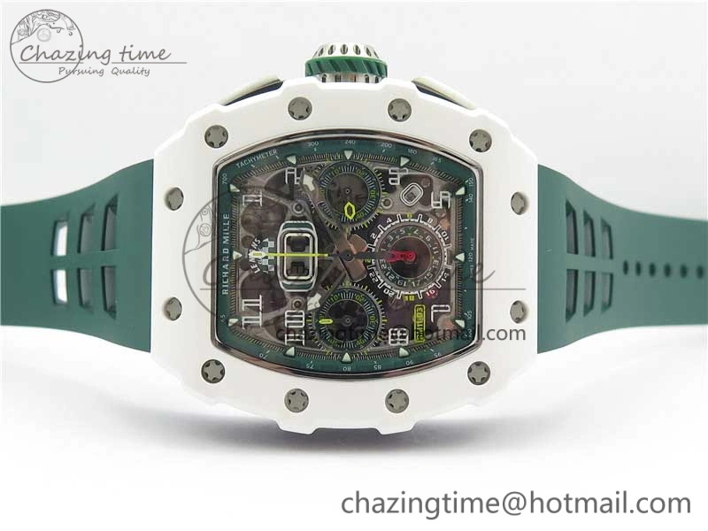 RM011 Real White Ceramic Chronograph KVF 1:1 Best Edition Crystal Skeleton Dial Green on Rubber Strap A ModernLook 9460