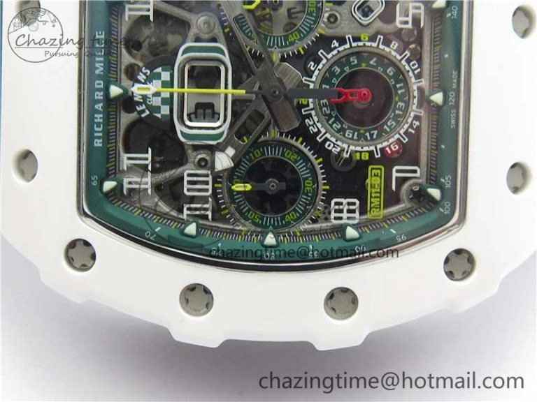 RM011 Real White Ceramic Chronograph KVF 1:1 Best Edition Crystal Skeleton Dial Green on Rubber Strap A ModernLook 9460