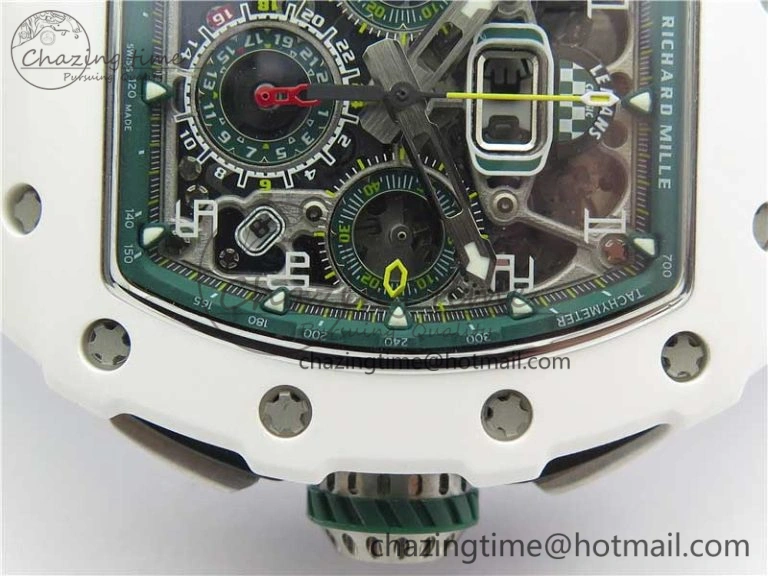RM011 Real White Ceramic Chronograph KVF 1:1 Best Edition Crystal Skeleton Dial Green on Rubber Strap A ModernLook 9460