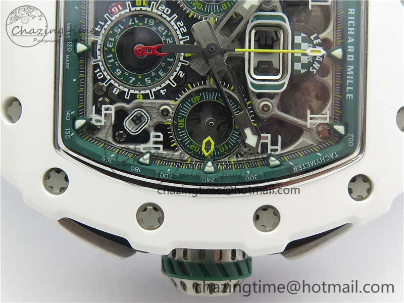 RM011 Real White Ceramic Chronograph KVF 1:1 Best Edition Crystal Skeleton Dial Green on Rubber Strap A ModernLook 9460