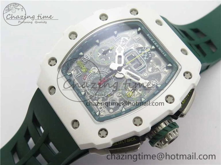 RM011 Real White Ceramic Chronograph KVF 1:1 Best Edition Crystal Skeleton Dial Green on Rubber Strap A ModernLook 9460