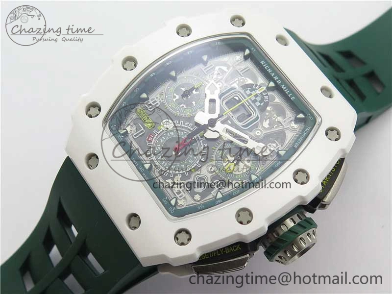 RM011 Real White Ceramic Chronograph KVF 1:1 Best Edition Crystal Skeleton Dial Green on Rubber Strap A ModernLook 9460
