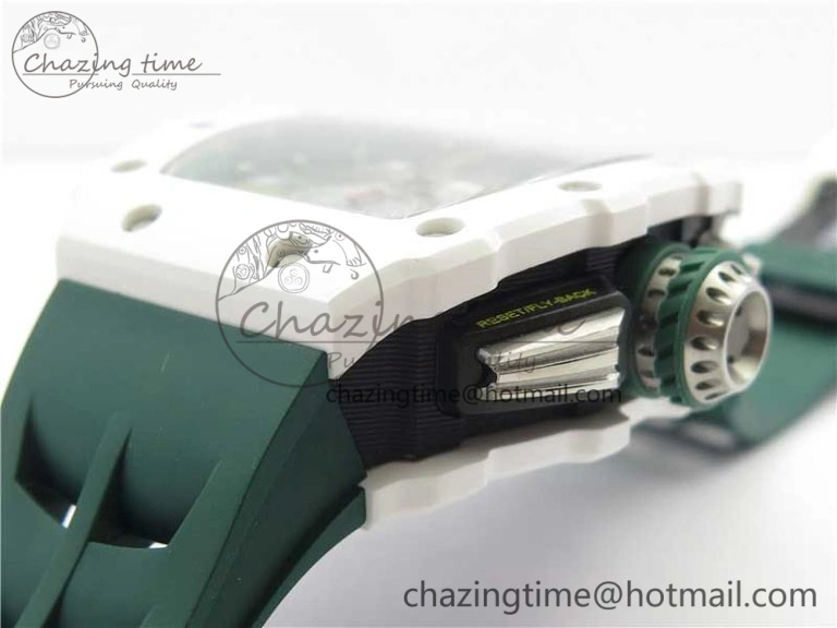 RM011 Real White Ceramic Chronograph KVF 1:1 Best Edition Crystal Skeleton Dial Green on Rubber Strap A ModernLook 9460