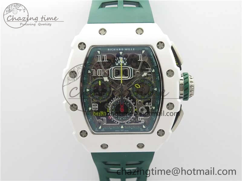 RM011 Real White Ceramic Chronograph KVF 1:1 Best Edition Crystal Skeleton Dial Green on Rubber Strap A ModernLook 9460