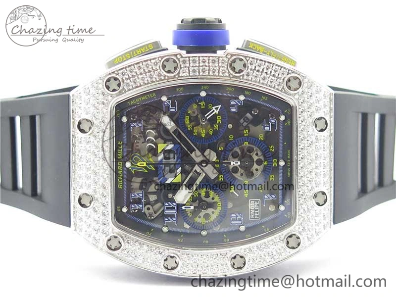 ZeroBulk RM011 SS Chrono KVF 1:1 Best Edition Diamonds Bezel Crystal Dial Black on Black Rubber Strap A7750 V 9419