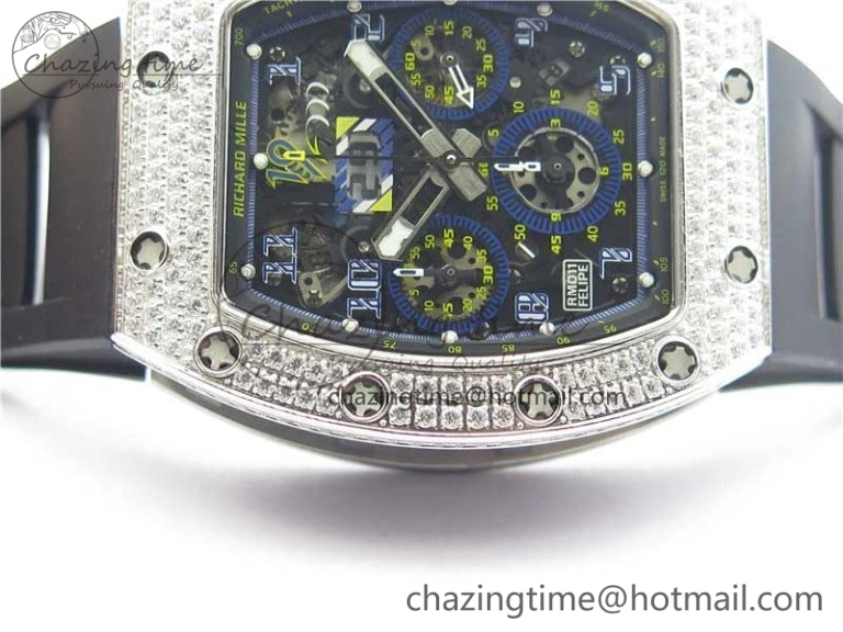ZeroBulk RM011 SS Chrono KVF 1:1 Best Edition Diamonds Bezel Crystal Dial Black on Black Rubber Strap A7750 V 9419