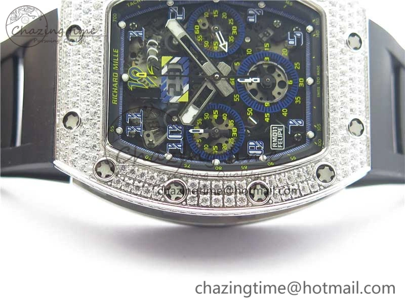 ZeroBulk RM011 SS Chrono KVF 1:1 Best Edition Diamonds Bezel Crystal Dial Black on Black Rubber Strap A7750 V 9419