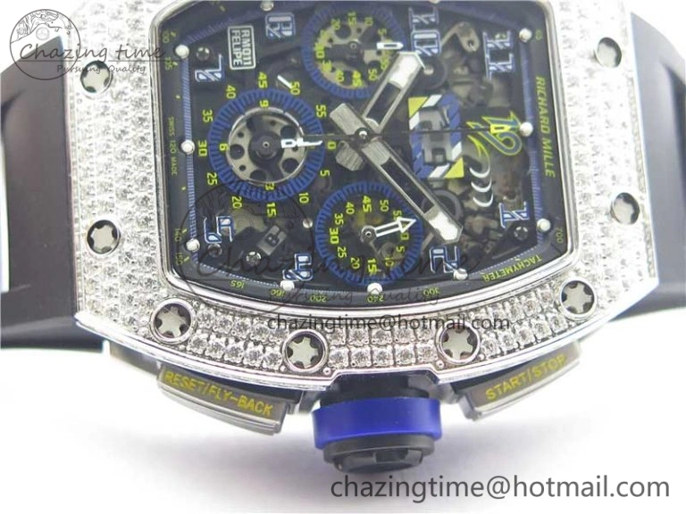 ZeroBulk RM011 SS Chrono KVF 1:1 Best Edition Diamonds Bezel Crystal Dial Black on Black Rubber Strap A7750 V 9419