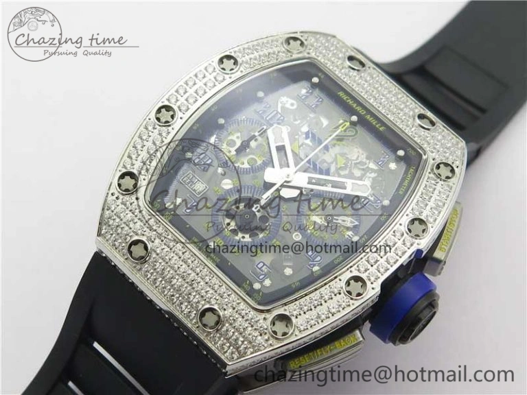ZeroBulk RM011 SS Chrono KVF 1:1 Best Edition Diamonds Bezel Crystal Dial Black on Black Rubber Strap A7750 V 9419