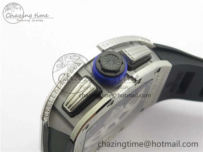 ZeroBulk RM011 SS Chrono KVF 1:1 Best Edition Diamonds Bezel Crystal Dial Black on Black Rubber Strap A7750 V 9419