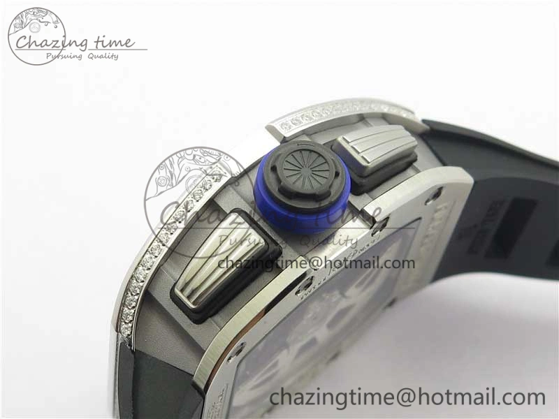 ZeroBulk RM011 SS Chrono KVF 1:1 Best Edition Diamonds Bezel Crystal Dial Black on Black Rubber Strap A7750 V 9419