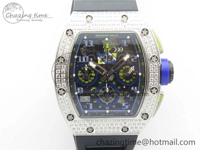ZeroBulk RM011 SS Chrono KVF 1:1 Best Edition Diamonds Bezel Crystal Dial Black on Black Rubber Strap A7750 V 9419