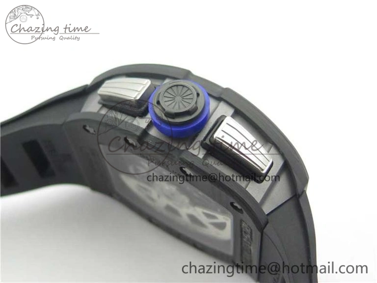 EasyMatch RM011 Titanium Case Carbon Bezel Chronograph KVF 1:1 Best Edition Skeleton Dial Blue Crown on Black Rubber Strap A7750 V 9431