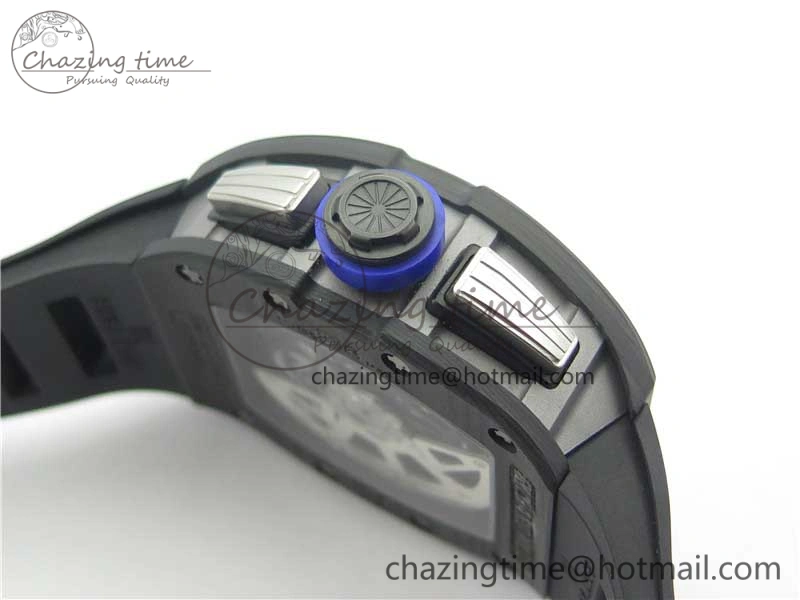 EasyMatch RM011 Titanium Case Carbon Bezel Chronograph KVF 1:1 Best Edition Skeleton Dial Blue Crown on Black Rubber Strap A7750 V 9431