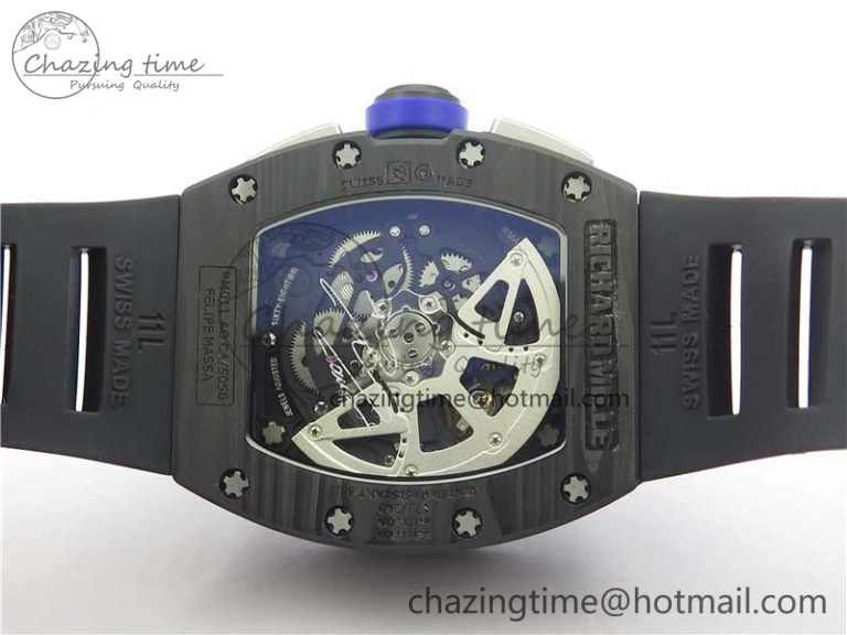 EasyMatch RM011 Titanium Case Carbon Bezel Chronograph KVF 1:1 Best Edition Skeleton Dial Blue Crown on Black Rubber Strap A7750 V 9431