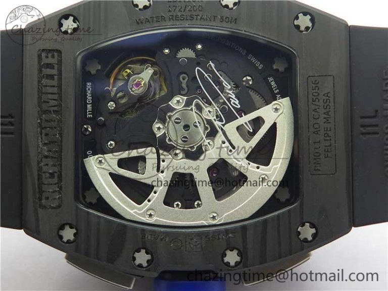 EasyMatch RM011 Titanium Case Carbon Bezel Chronograph KVF 1:1 Best Edition Skeleton Dial Blue Crown on Black Rubber Strap A7750 V 9431