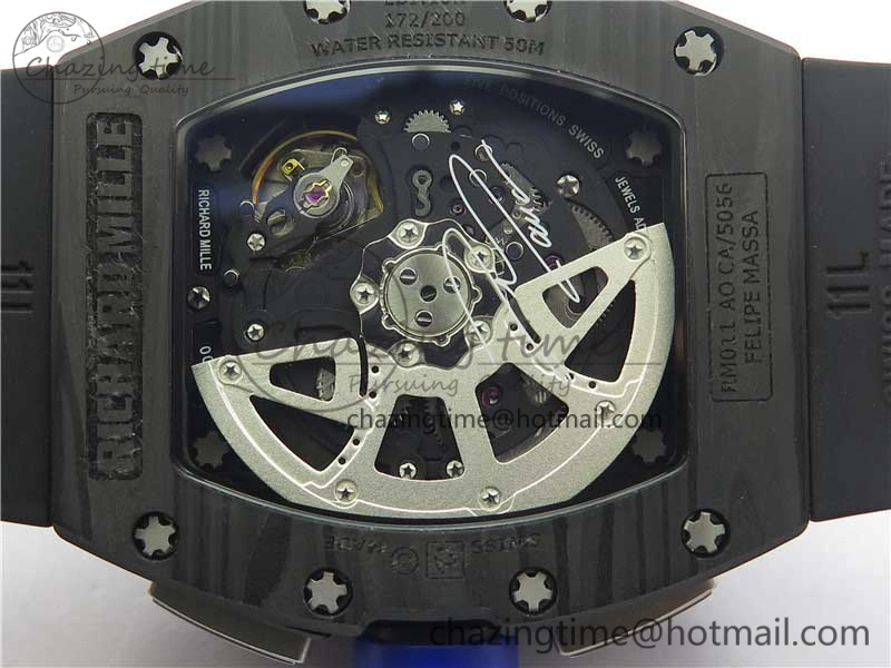 EasyMatch RM011 Titanium Case Carbon Bezel Chronograph KVF 1:1 Best Edition Skeleton Dial Blue Crown on Black Rubber Strap A7750 V 9431