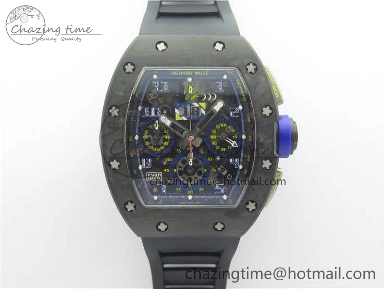 EasyMatch RM011 Titanium Case Carbon Bezel Chronograph KVF 1:1 Best Edition Skeleton Dial Blue Crown on Black Rubber Strap A7750 V 9431