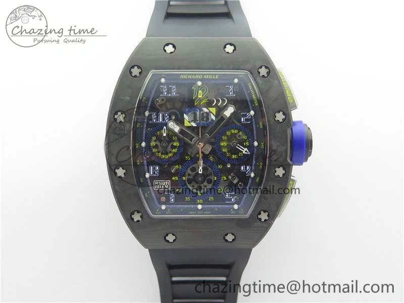EasyMatch RM011 Titanium Case Carbon Bezel Chronograph KVF 1:1 Best Edition Skeleton Dial Blue Crown on Black Rubber Strap A7750 V 9431