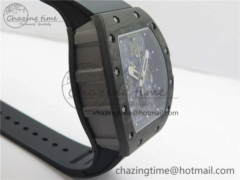 EasyMatch RM011 Titanium Case Carbon Bezel Chronograph KVF 1:1 Best Edition Skeleton Dial Blue Crown on Black Rubber Strap A7750 V 9431