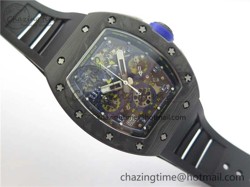 EasyMatch RM011 Titanium Case Carbon Bezel Chronograph KVF 1:1 Best Edition Skeleton Dial Blue Crown on Black Rubber Strap A7750 V 9431