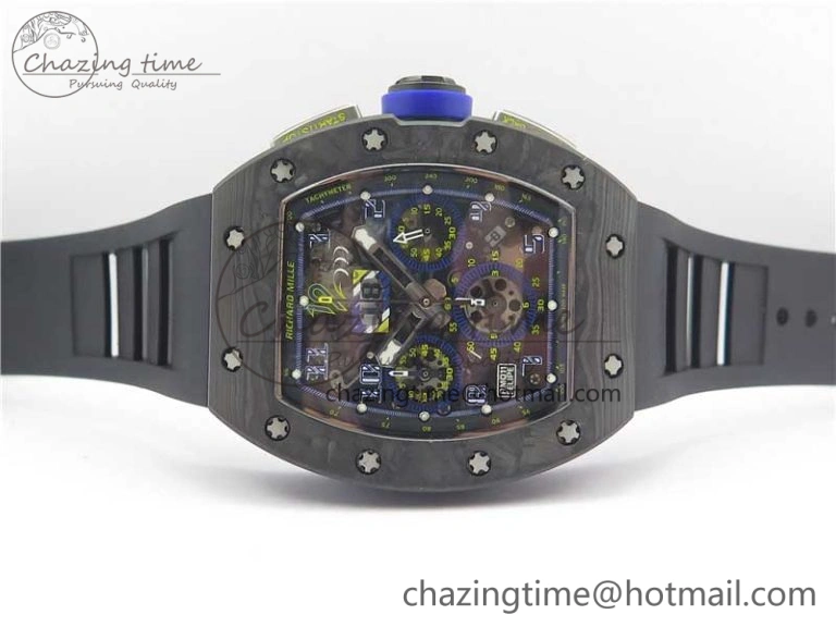 EasyMatch RM011 Titanium Case Carbon Bezel Chronograph KVF 1:1 Best Edition Skeleton Dial Blue Crown on Black Rubber Strap A7750 V 9431