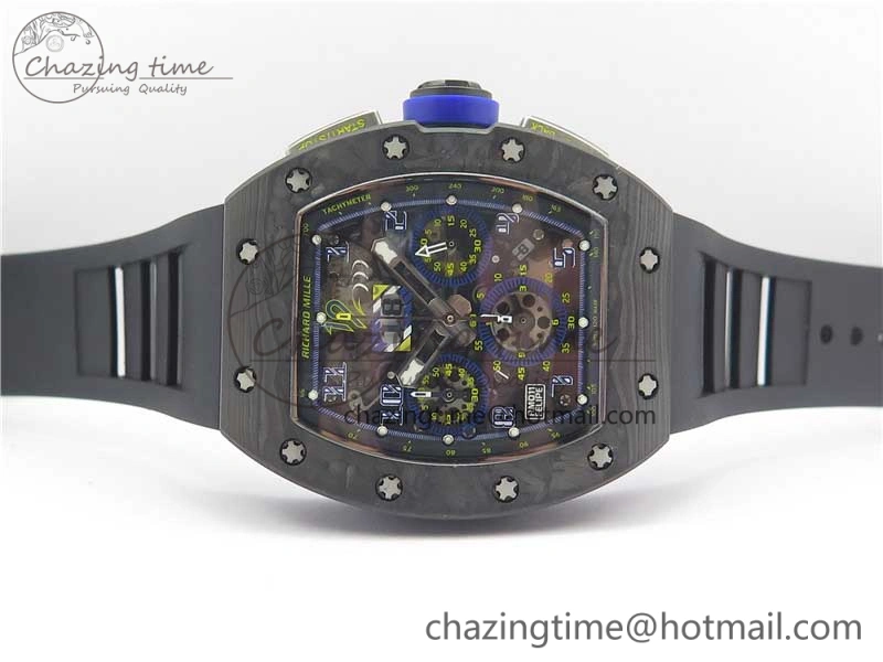 EasyMatch RM011 Titanium Case Carbon Bezel Chronograph KVF 1:1 Best Edition Skeleton Dial Blue Crown on Black Rubber Strap A7750 V 9431