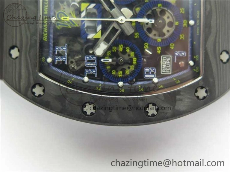 EasyMatch RM011 Titanium Case Carbon Bezel Chronograph KVF 1:1 Best Edition Skeleton Dial Blue Crown on Black Rubber Strap A7750 V 9431