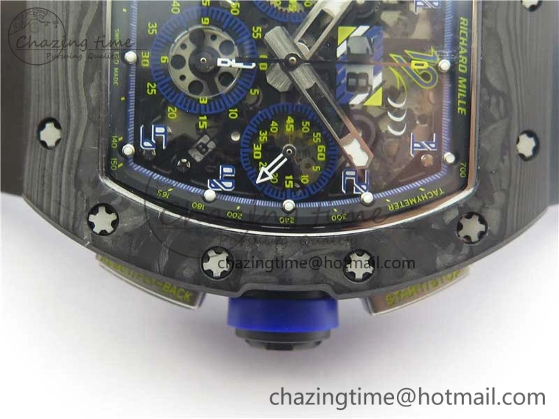 EasyMatch RM011 Titanium Case Carbon Bezel Chronograph KVF 1:1 Best Edition Skeleton Dial Blue Crown on Black Rubber Strap A7750 V 9431