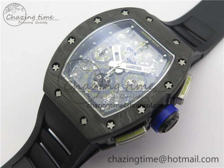 EasyMatch RM011 Titanium Case Carbon Bezel Chronograph KVF 1:1 Best Edition Skeleton Dial Blue Crown on Black Rubber Strap A7750 V 9431