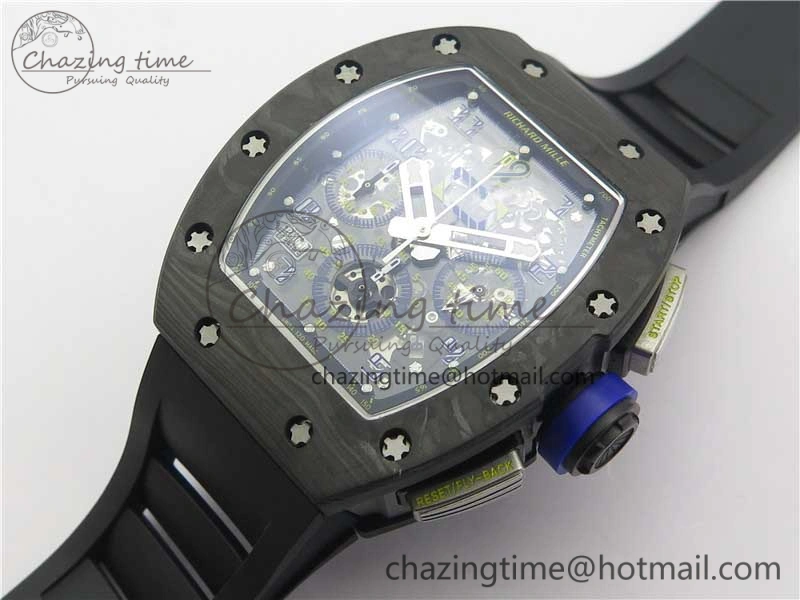 EasyMatch RM011 Titanium Case Carbon Bezel Chronograph KVF 1:1 Best Edition Skeleton Dial Blue Crown on Black Rubber Strap A7750 V 9431