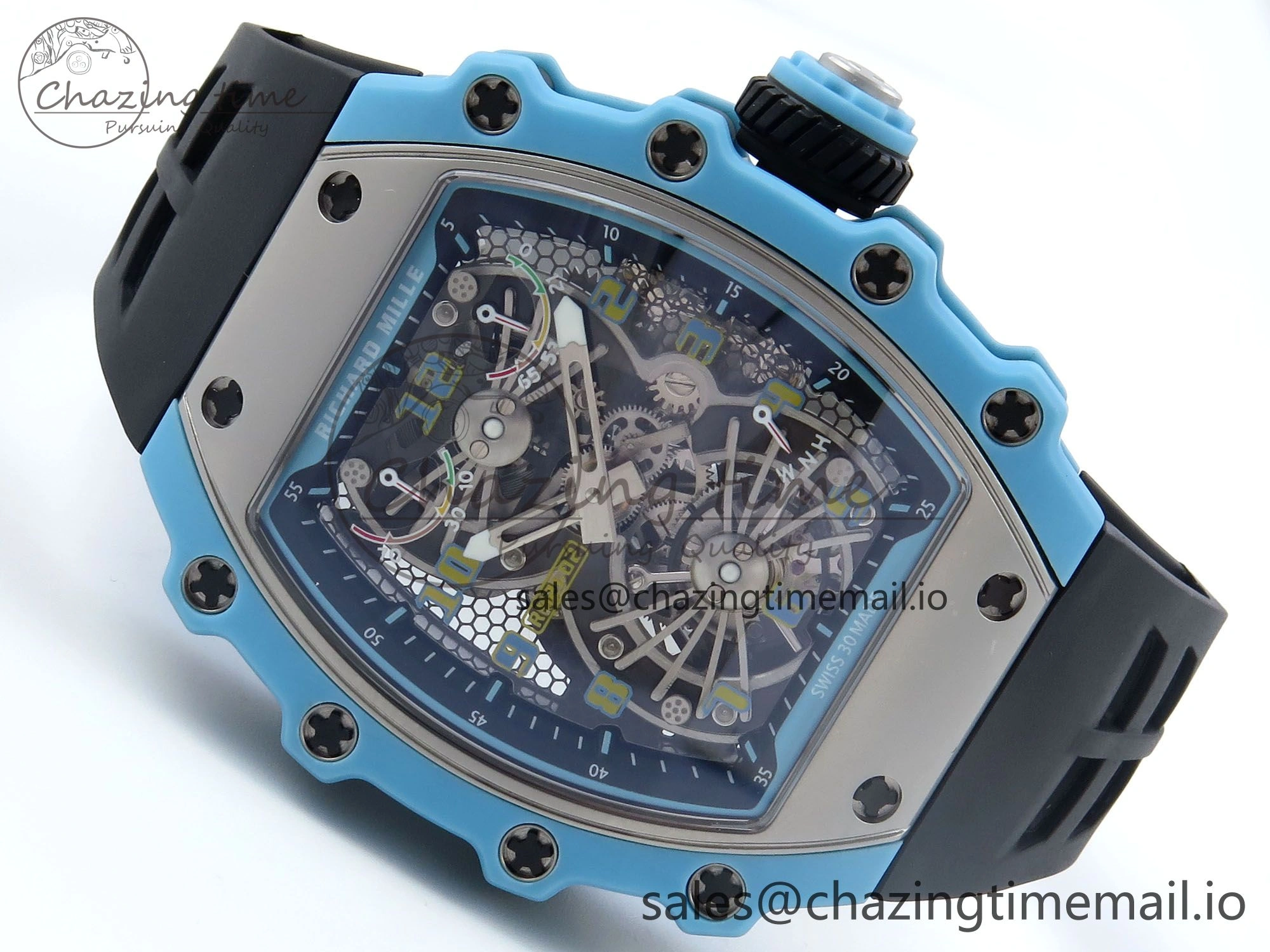 RM021 Tourbillon Blue Quartz Fiber Black Carbon RMF Best Edition on Black Rubber Strap Popular 9229