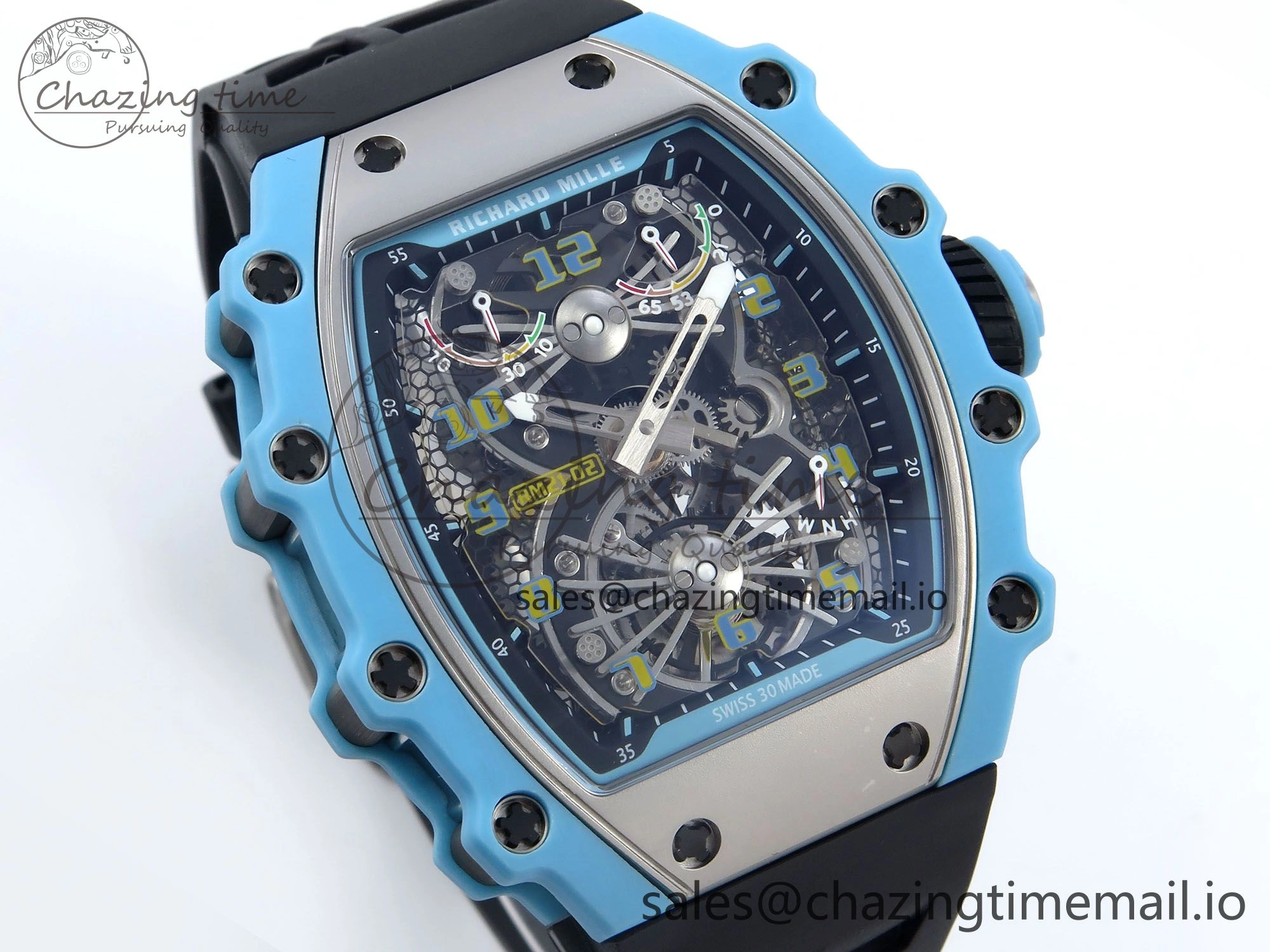 RM021 Tourbillon Blue Quartz Fiber Black Carbon RMF Best Edition on Black Rubber Strap Popular 9229