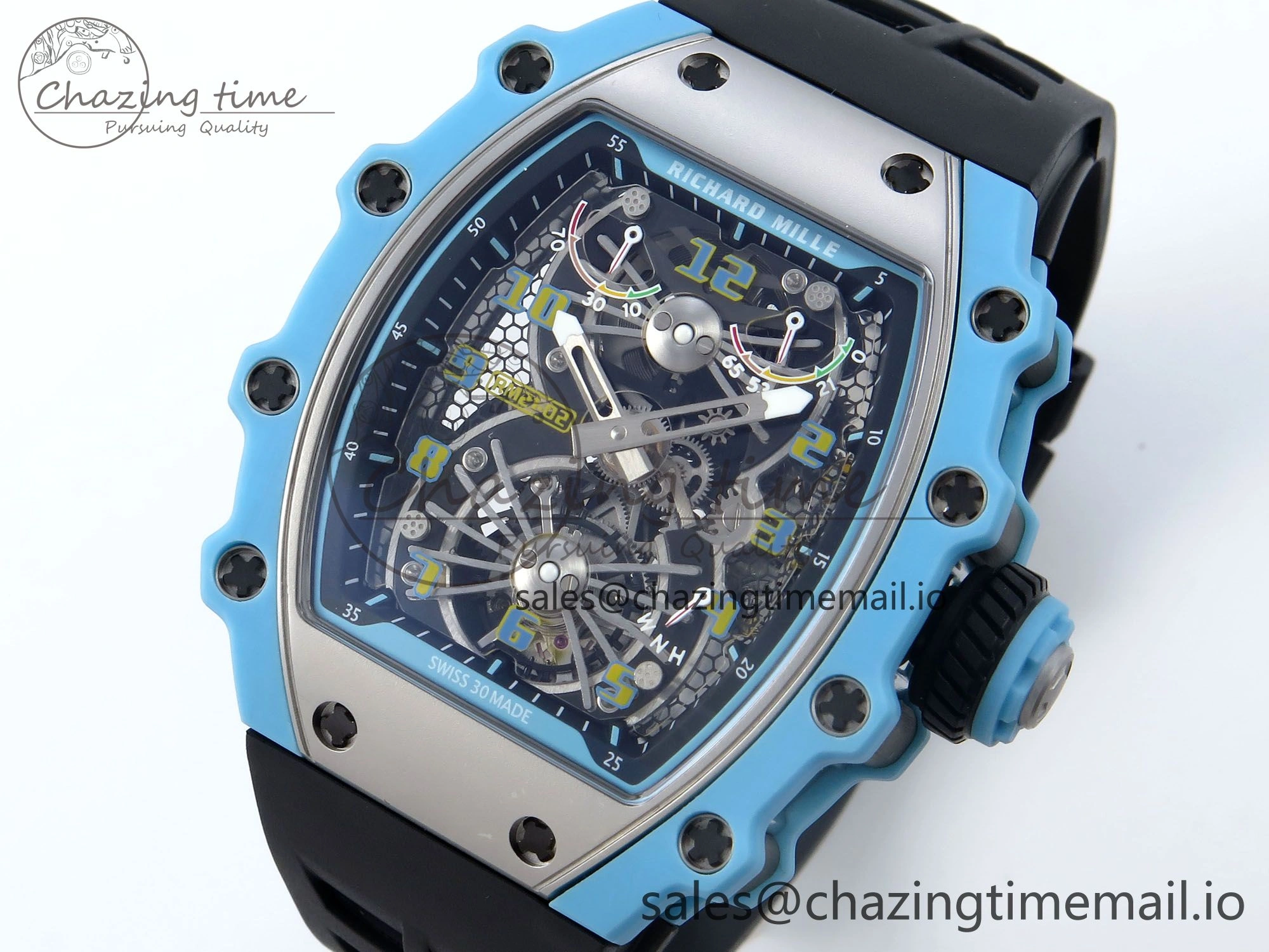RM021 Tourbillon Blue Quartz Fiber Black Carbon RMF Best Edition on Black Rubber Strap Popular 9229