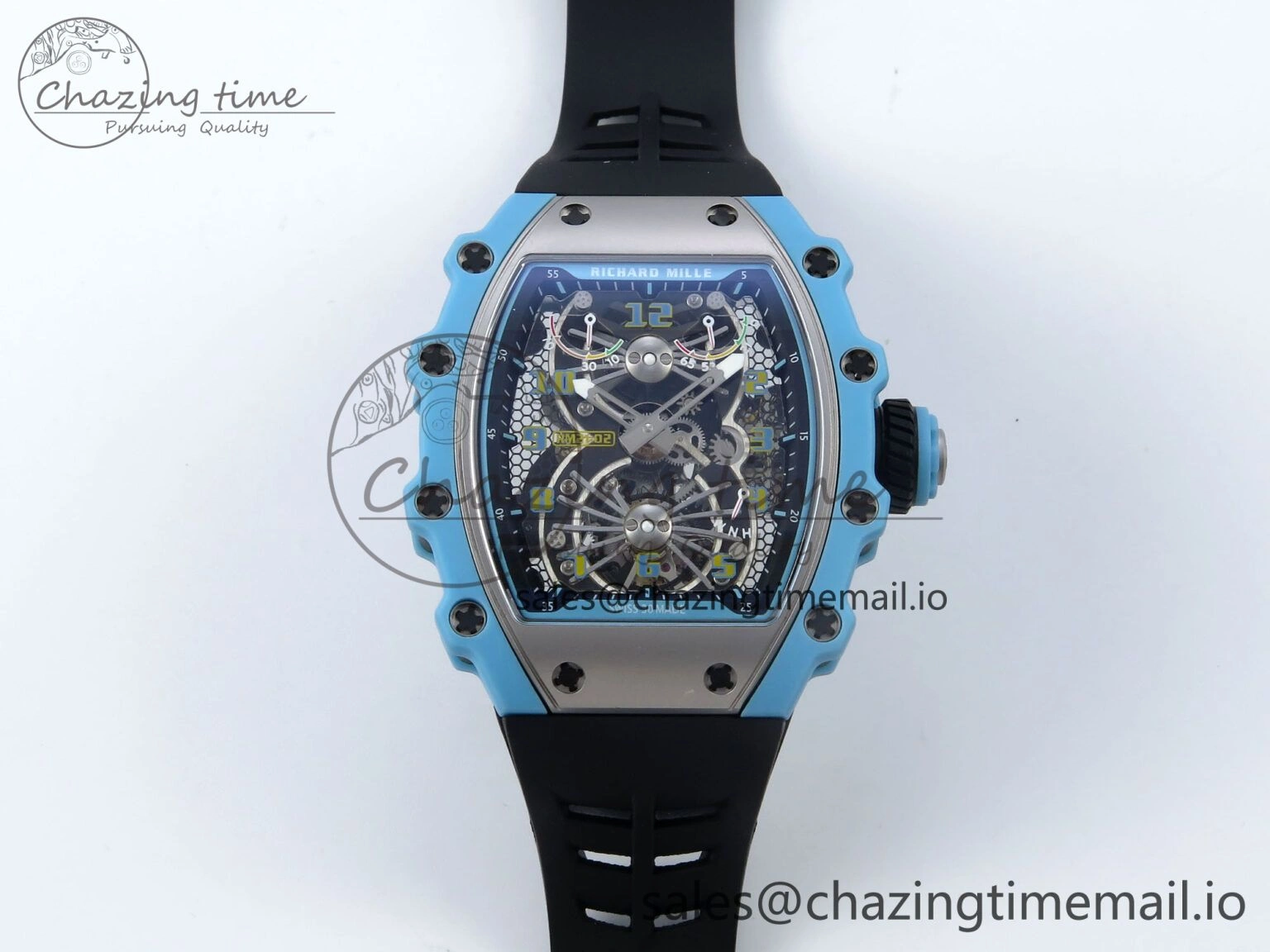 RM021 Tourbillon Blue Quartz Fiber Black Carbon RMF Best Edition on Black Rubber Strap Popular 9229
