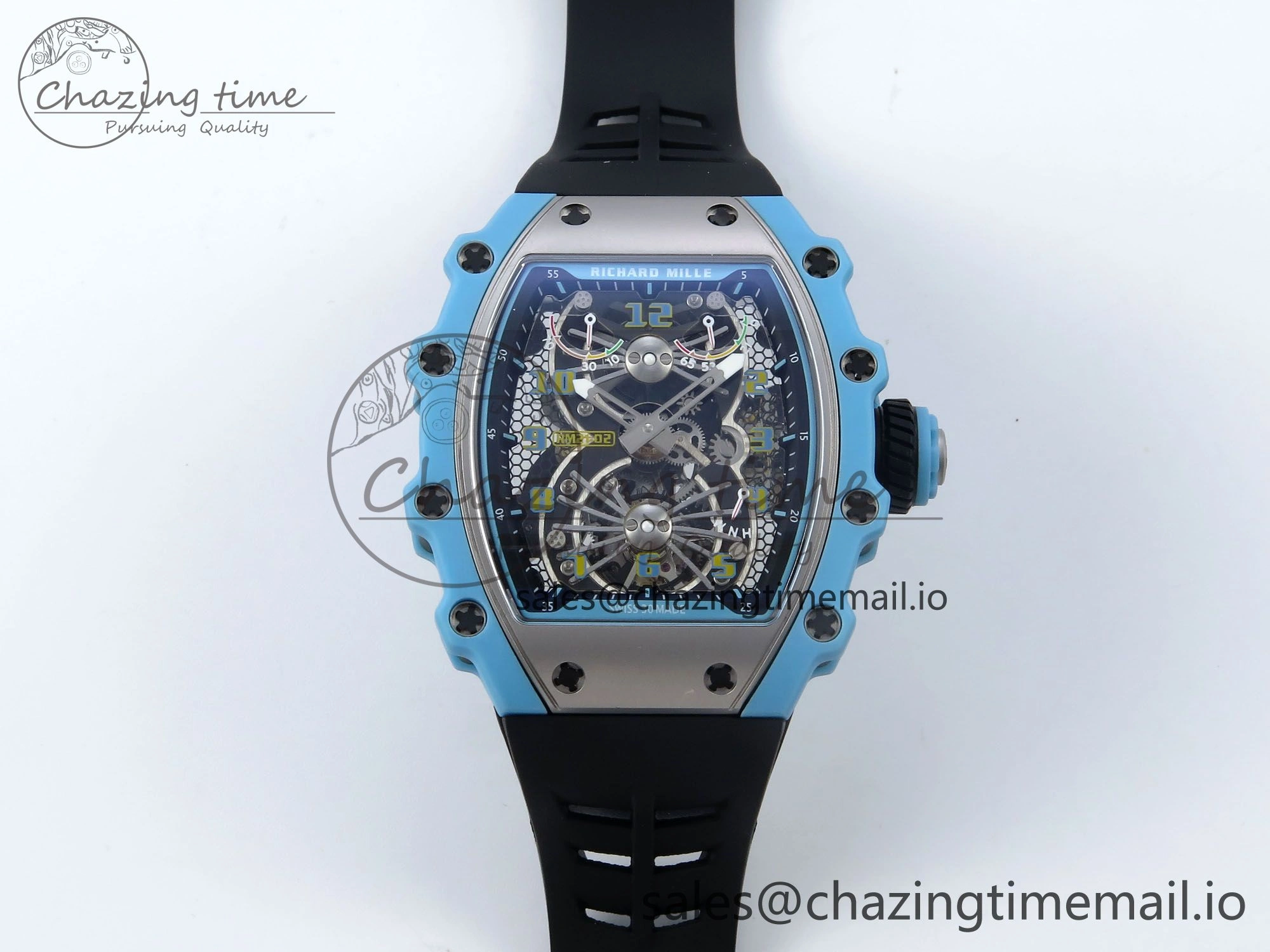 RM021 Tourbillon Blue Quartz Fiber Black Carbon RMF Best Edition on Black Rubber Strap Popular 9229