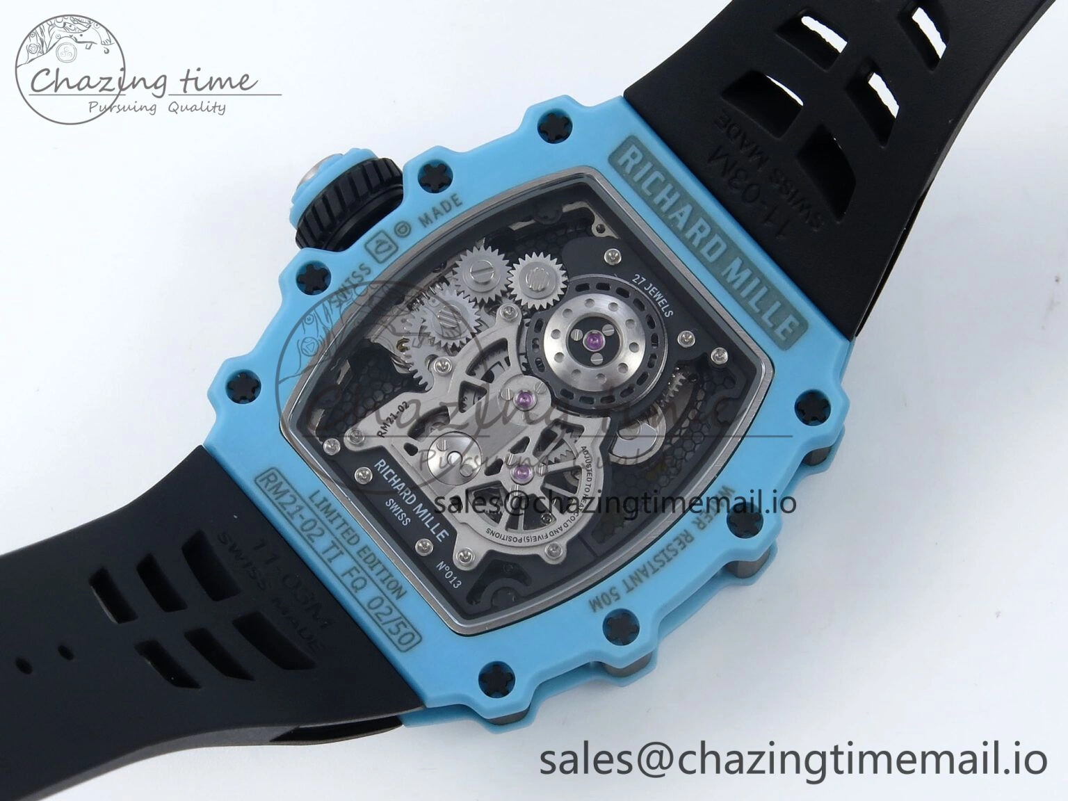 RM021 Tourbillon Blue Quartz Fiber Black Carbon RMF Best Edition on Black Rubber Strap Popular 9229