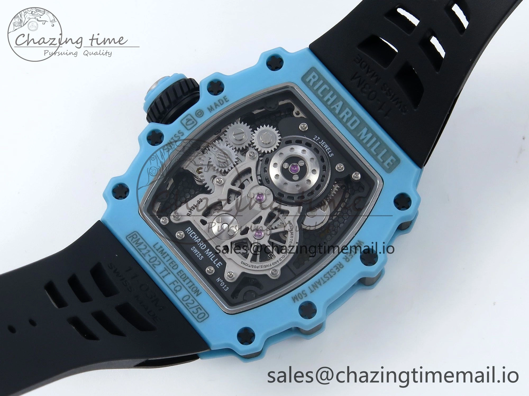 RM021 Tourbillon Blue Quartz Fiber Black Carbon RMF Best Edition on Black Rubber Strap Popular 9229