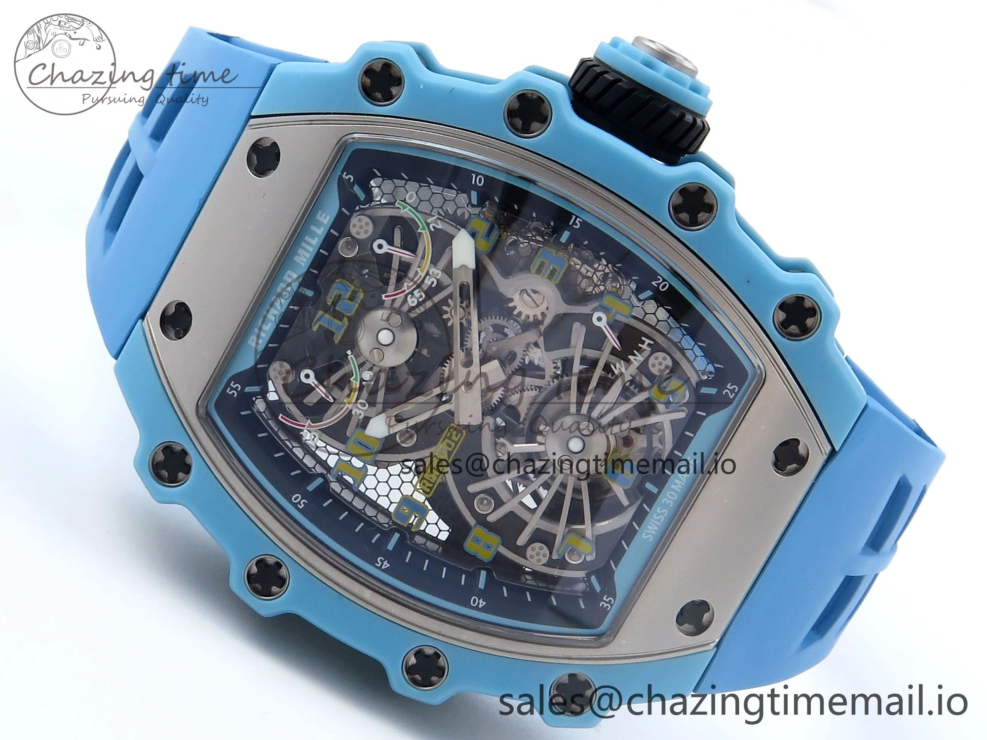 RM021 Tourbillon Blue Quartz Fiber Black Carbon RMF Best Edition on Blue Rubber Strap Lightweight 9228