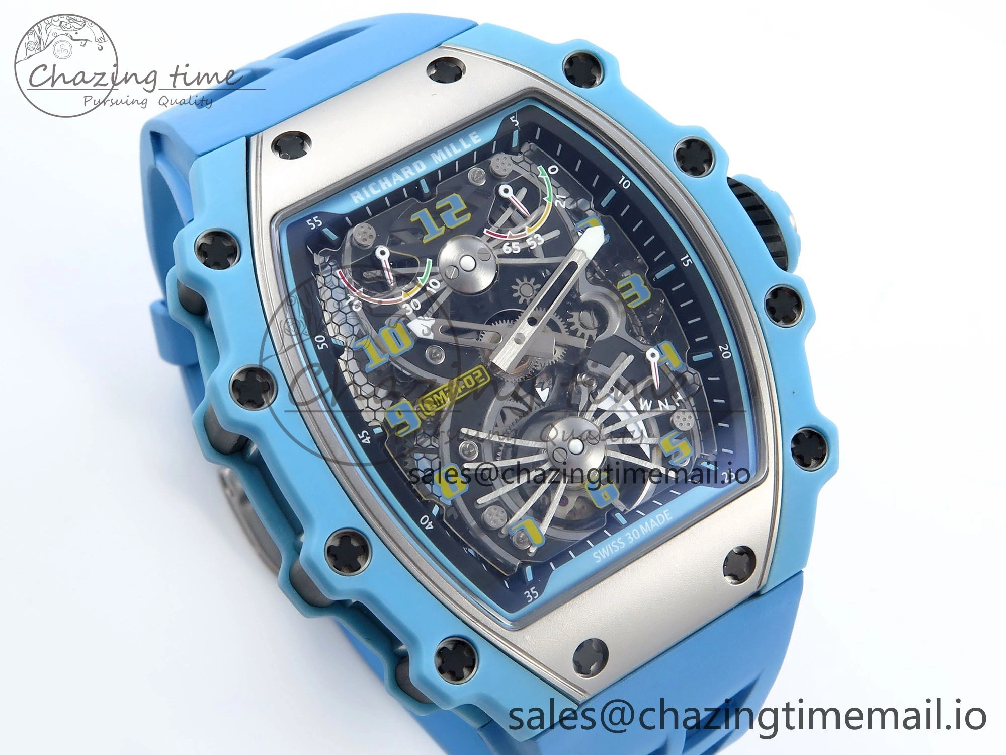 RM021 Tourbillon Blue Quartz Fiber Black Carbon RMF Best Edition on Blue Rubber Strap Lightweight 9228