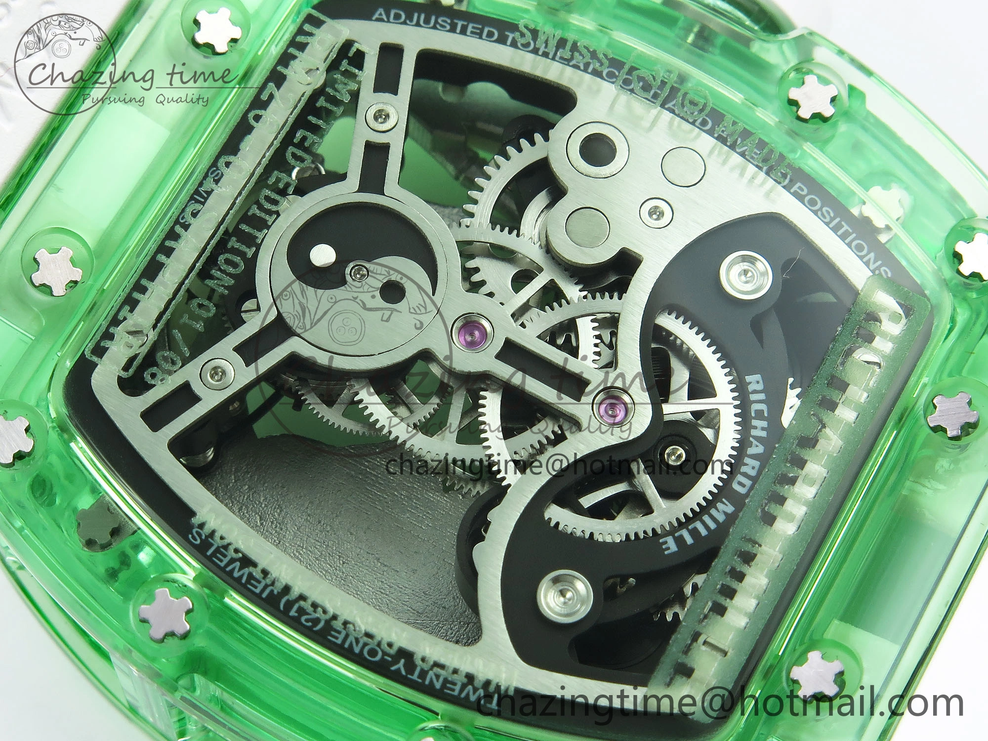 Chic RM026 Green Transparent Tourbillon RM Best Edition Panda Skeleton Dial on Rubber Strap 9333